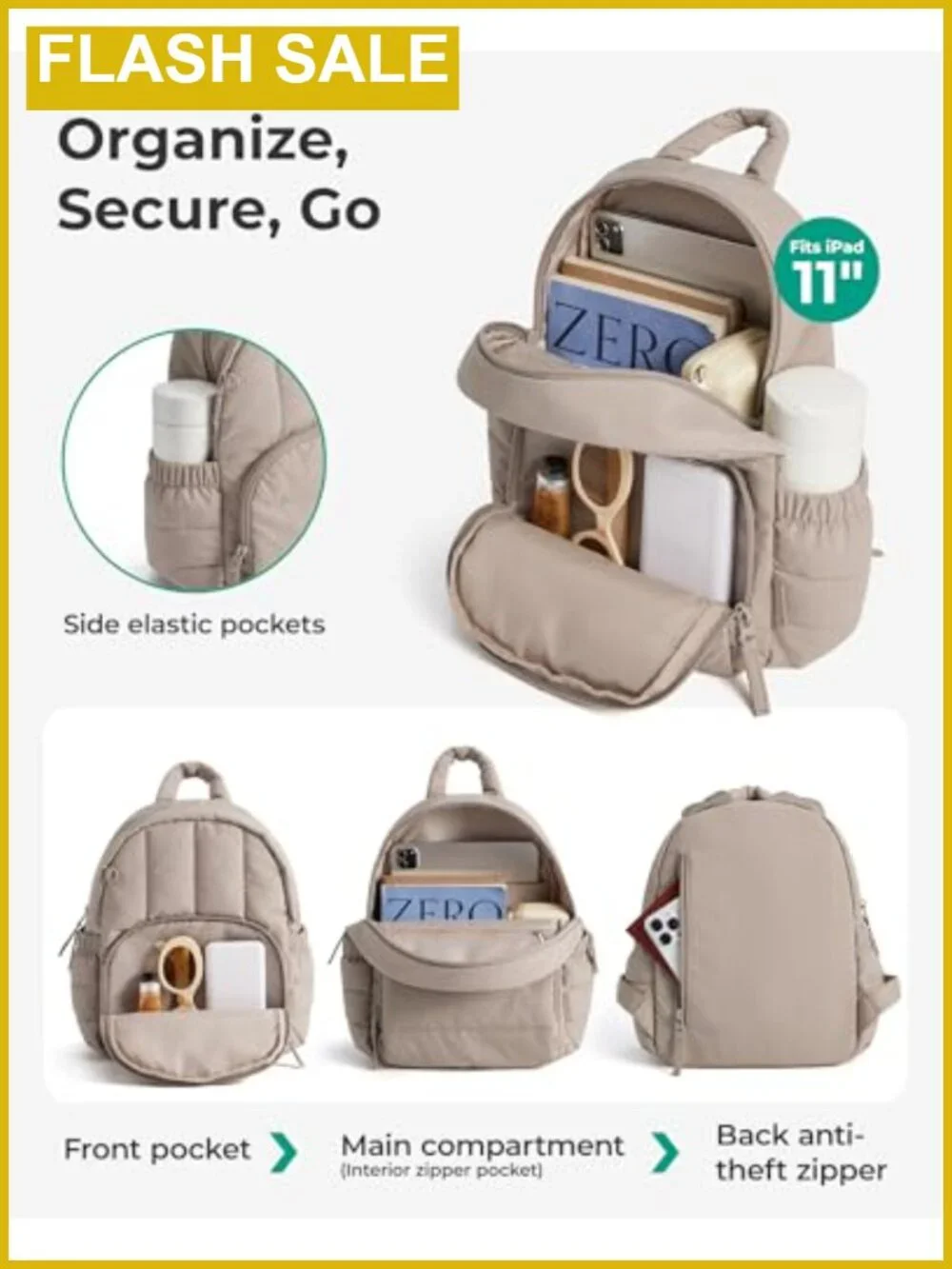 Mini Puffer Backpack Water-Resistant Quilted Convertible Daypack Women's Bag